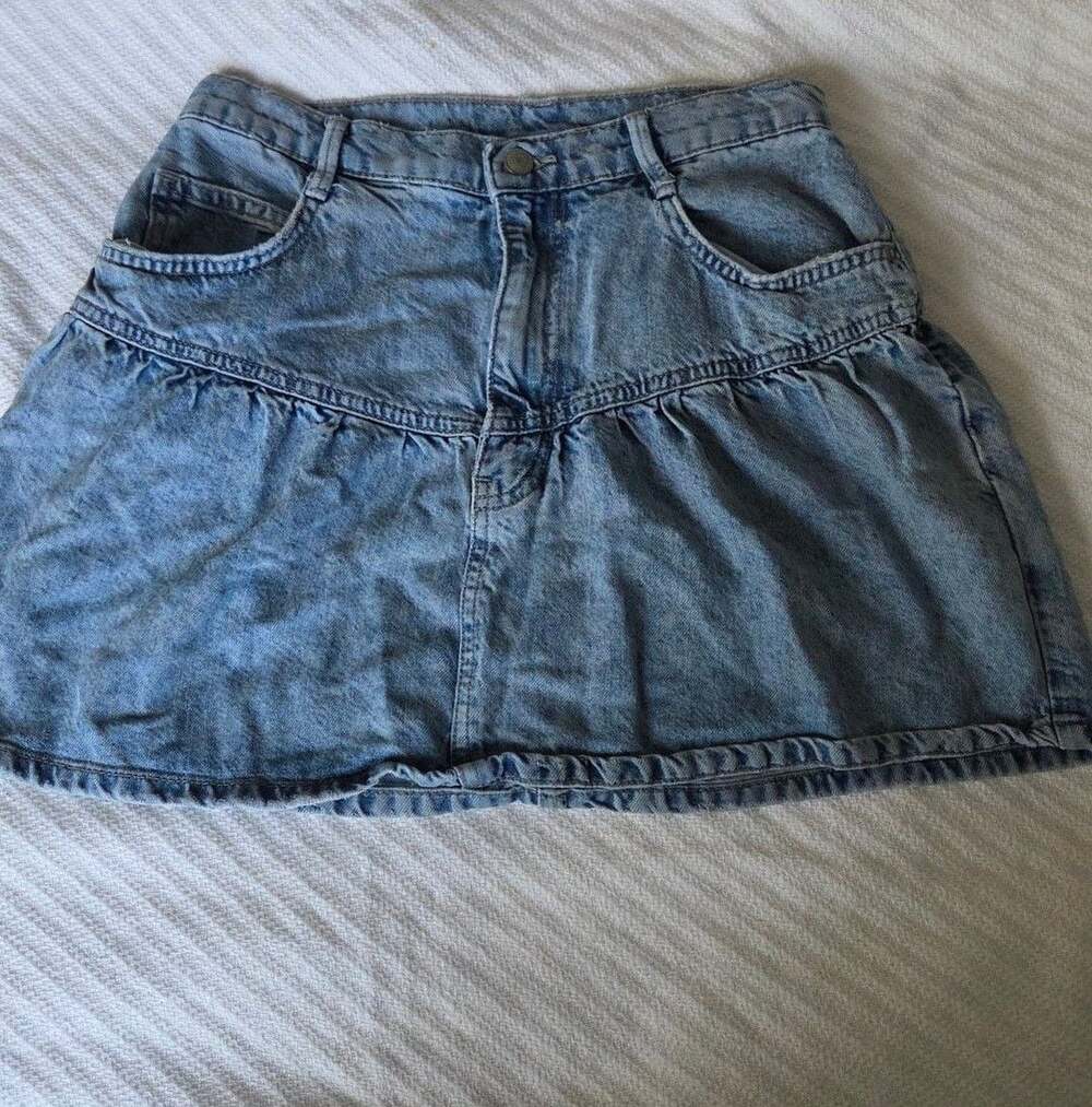 Free People West Is West Mini Skirt Size 6 Blue Denim Ruffle